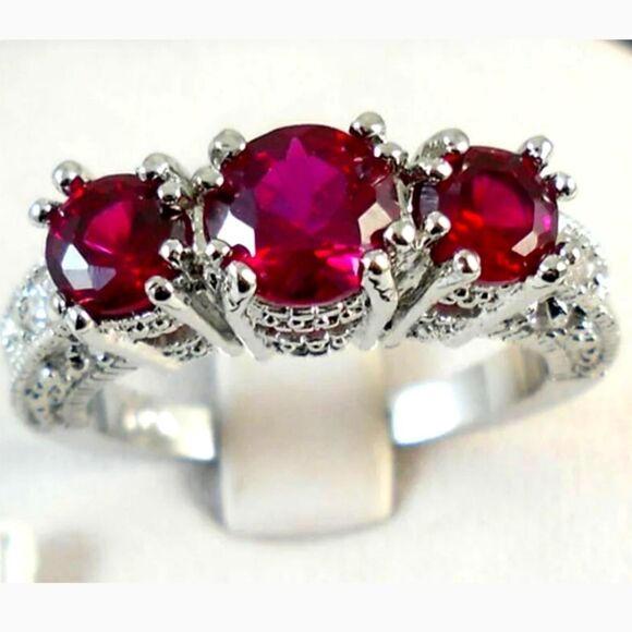 14K White Gold  over 925 Stainless 3 Stone Round Cut Ruby - Picture 3 of 6
